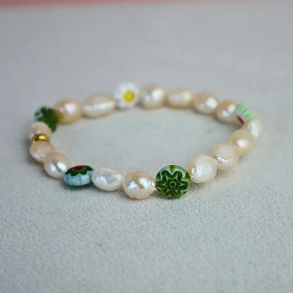 Bohemian Millefiori Bloom Handcrafted Pearl and Millefiori Bracelet - Image #3