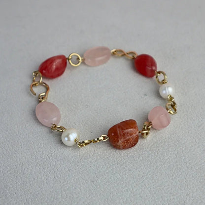 Rose Petal Symphony Handcrafted Rose Quartz, Rhodochrosite, and Pearl Bracelet - Image #2