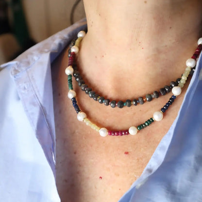 Sapphire, Ruby, Emerald & Opal Necklace with Freshwater Pearls - Image #3