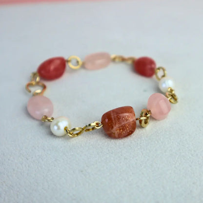 Rose Petal Symphony Handcrafted Rose Quartz, Rhodochrosite, and Pearl Bracelet - Image #1