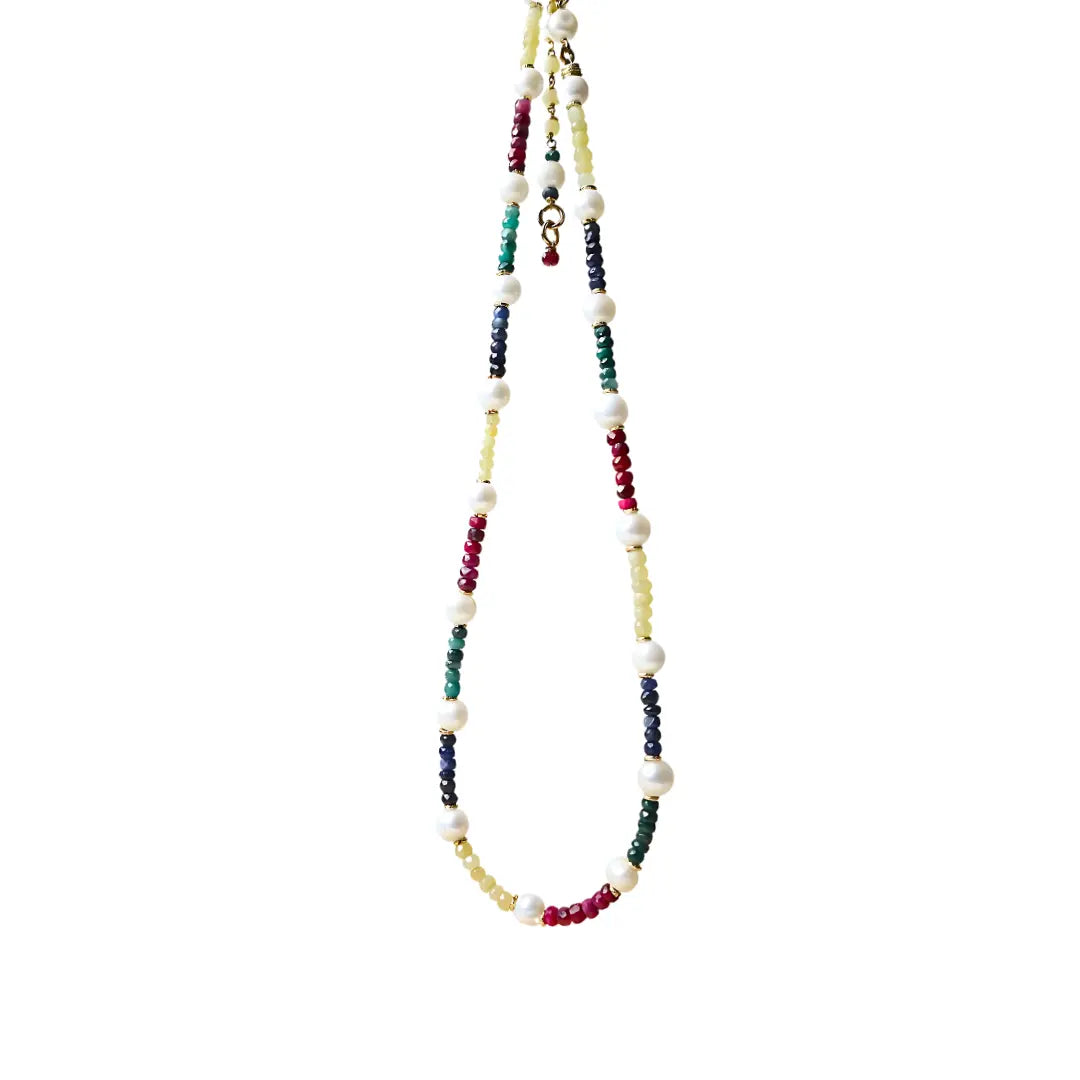 Sapphire, Ruby, Emerald & Opal Necklace with Freshwater Pearls - Image #4