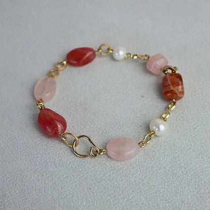 Rose Petal Symphony Handcrafted Rose Quartz, Rhodochrosite, and Pearl Bracelet - Image #3