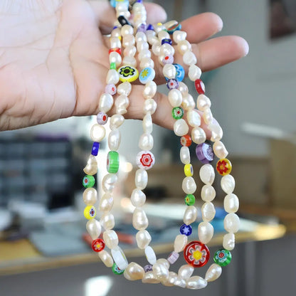 Pearl Necklace with Multicolor Millefiori Accents - Image #6