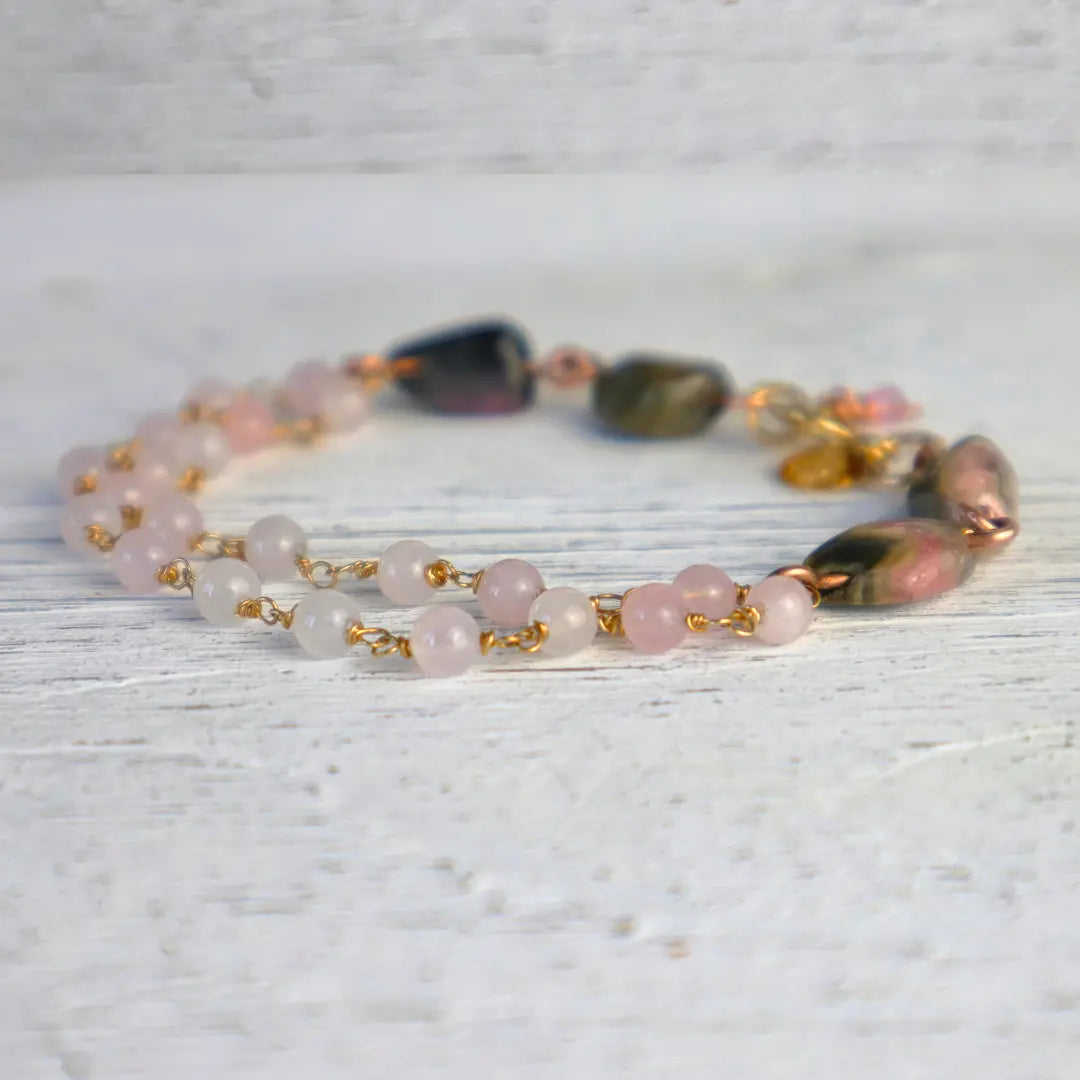 14/20 Yellow Gold-Filled  Gems  Bracelet in Rose Quartz & Rhodochrosite - Image #1