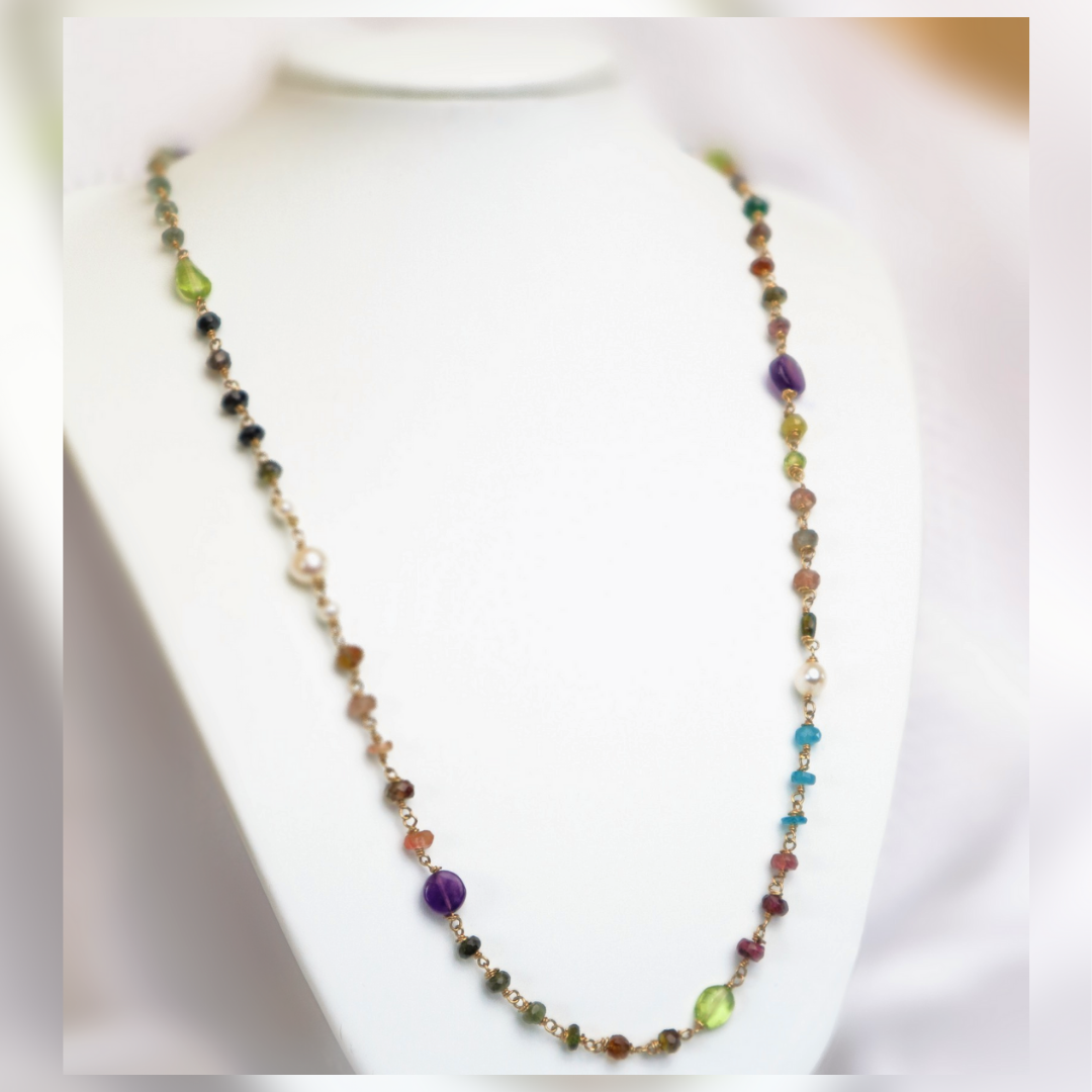 Amethysy, Peridot, Pearl, Apaite and Tourmaline Necklace - Image #3